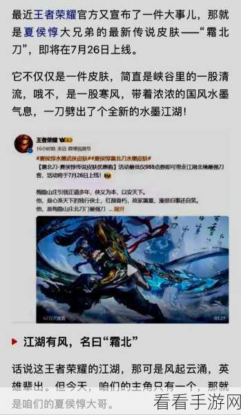 王者荣耀夏侯惇霜北刀皮肤震撼登场，细节与玩法全解析